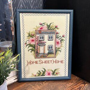 Vintage Home Sweet Home Cross-Stitch Art Handsewn Artwork Cottagecore Decor